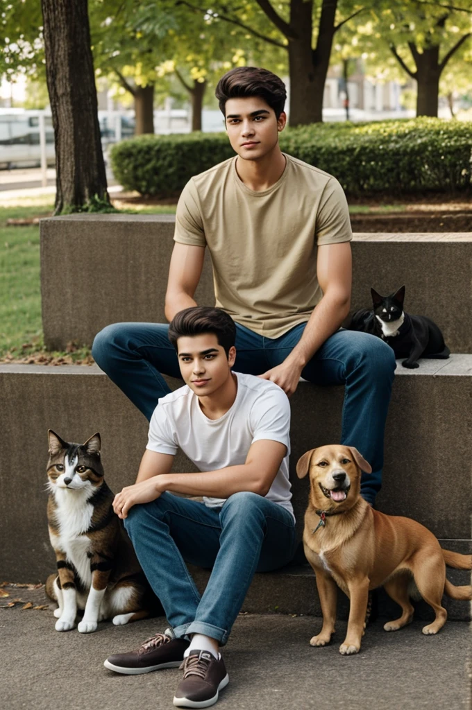 Young man sitting accompanied with a dog and a cat