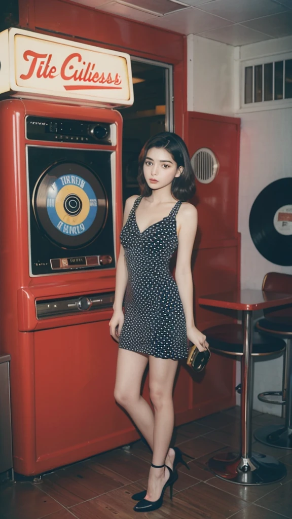 a 1950s scene featuring a 20yo woman in a polka dot dress, standing next to a jukebox in a classic diner with vinyl records and red booths. Detail face