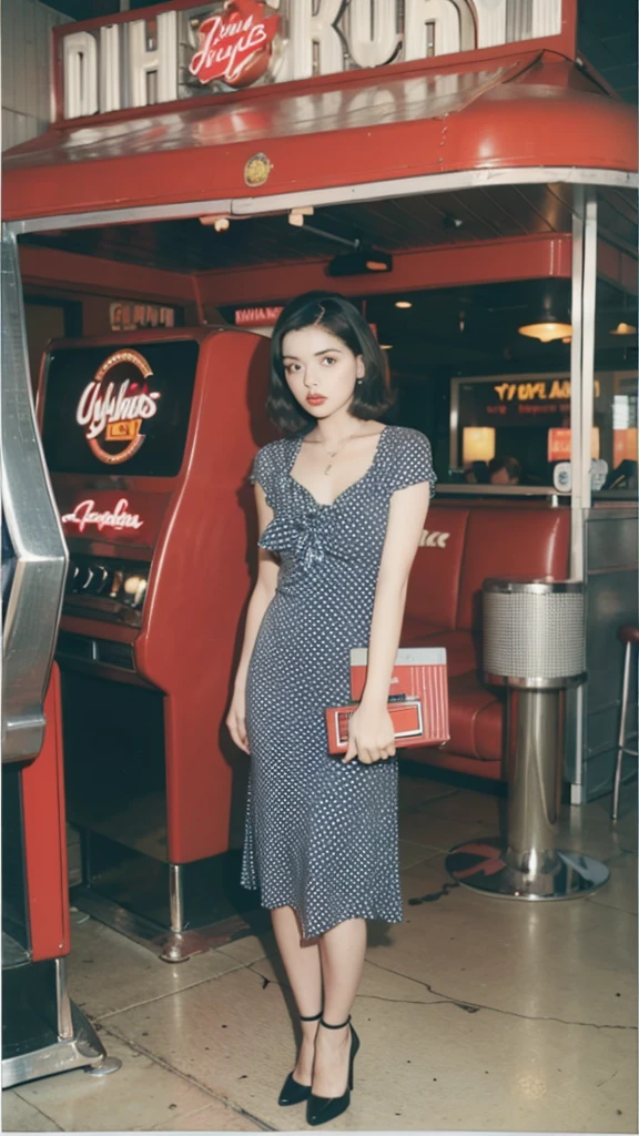 a 1950s scene featuring a 20yo woman in a polka dot dress, standing next to a jukebox in a classic diner with vinyl records and red booths. Detail face