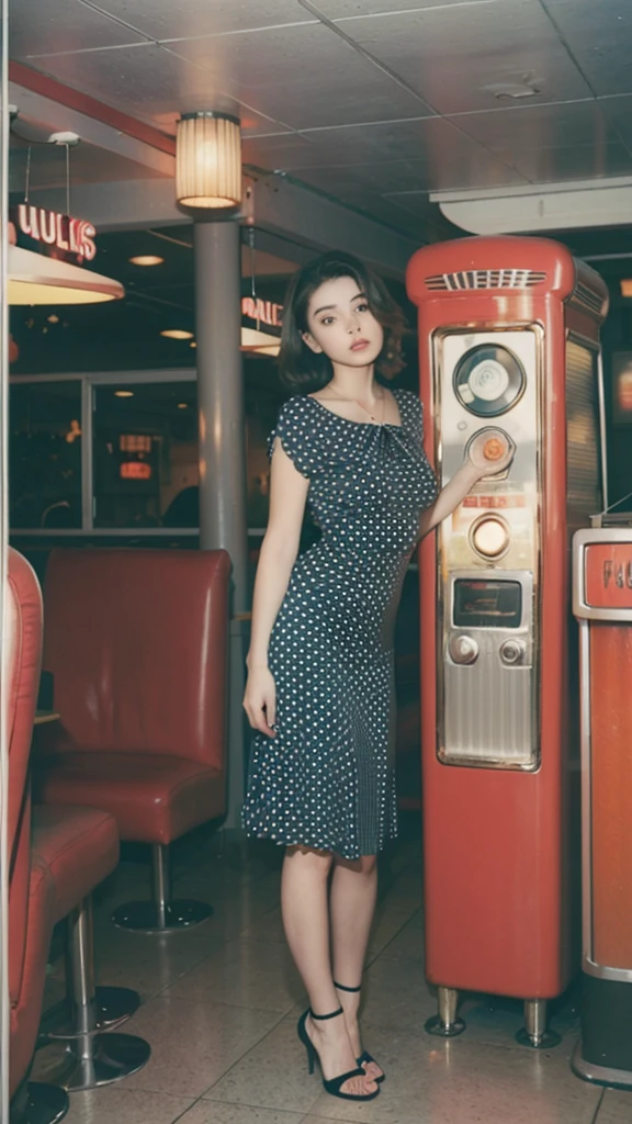 a 1950s scene featuring a 20yo woman in a polka dot dress, standing next to a jukebox in a classic diner with vinyl records and red booths. Detail face