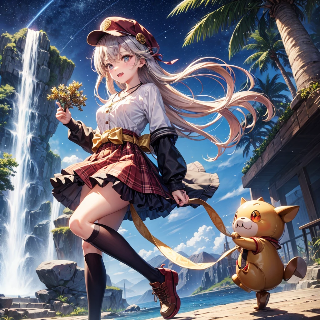 Red, brown, gold, gold hair、Golden Eyes、Hair tied up、One good looking girl、solo、anime、Checkered mini skirt、Ruffles on the skirt、Checked dress、blouse、school uniform、Black knee-high socks、Wearing a baseball cap、Ribbon、Ribbon on waist、Teeth are visible、Silver coin necklace、From above、Cobblestones、waterfall、Starry Sky、Midnight Moon、suspension bridge、Soap bubbles are flying、beam、ripple、Rocks floating in water、Crab walking、Standing still、Eight Towers、Palm Tree