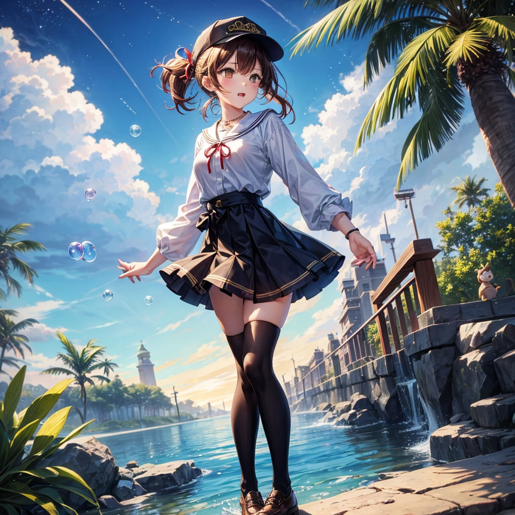 Red, brown, gold, gold hair、Golden Eyes、Hair tied up、One good looking girl、solo、anime、Checkered mini skirt、Ruffles on the skirt、Checked dress、blouse、school uniform、Black knee-high socks、Wearing a baseball cap、Ribbon、Ribbon on waist、Teeth are visible、Silver coin necklace、From above、Cobblestones、waterfall、Starry Sky、Midnight Moon、suspension bridge、Soap bubbles are flying、beam、ripple、Rocks floating in water、Crab walking、Standing still、Eight Towers、Palm Tree