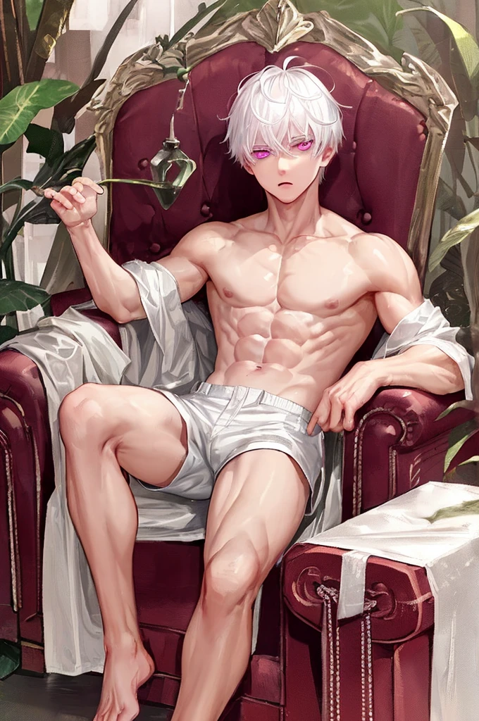 white hair boy, very detailed pink eyes, serious look, muscular, sexy, barefoot, wearing short white shorts, Sitting in an armchair 