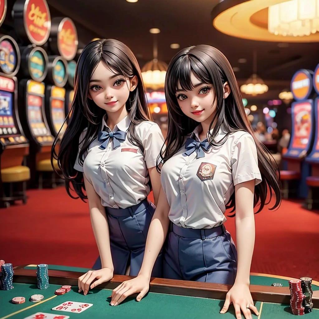 happy and smile, {{indonesian girl}}, {wearing high school uniform}, teasing and waiting customer play, standing, playing in casino, red casino background, polite and kind, Sweet Face, roulette table, poker table, big slot machines right and left, win jackpot, {{no headwear, no hat}}, private casino, crowded gambling area in background, so crowded, so many people, las vegas, american, illusions