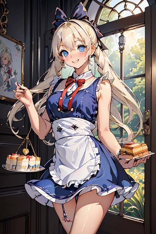 (perky chest:1.2), (pointed chest:1.2),(((Black Tunic:1.3))),(((cakes and bread in the basket),Cute and beautiful girl,Cute round face,Cute smile,with blush cheeks,Red Lip,a girl 22 years old, nsfw:1.2, beautiful body:1.3), shinny skin, BREAK, ((alice in the wonderland:1.3, cute, kawaii, lovely, funny, a girl falling down from sky:1.3, girl flying in sky:1.2, girl floating in air:1.3, rolling upskirt by wind:1.5, (with sparkling eyes and a contagious smile),open mouth, Looking at Viewer, surprised, putting hands on crotch over the skirts:1.35)), BREAK, ((floating things as follows:1.3, PlayingCards, Trump, tea cup, tea pot, tea spoons, pocket watch:1.3, lip sticks, candies:1.2, cookies, jam bottles, classical door_keys)), ((long purply_Blue dress :1.5, wearing long flaired skirt:1.3, the skirt is blowing:1.3, cute White Apron, black stockingedium long platinum-blonde hair:1.2, twin tail hair:1.6, tied hair with a cute ribbon), (Blue eyes, bright pupils with highlights, detailed eyes), (lying down on your back:0.7, spreading legs with rising up straight:0.7), sexy posture, fantastic colorful art, (fantasy art:1.2, wondered images), ((correct anatomy:1.5, perfect anatomy:1.3, correct hand, )),
