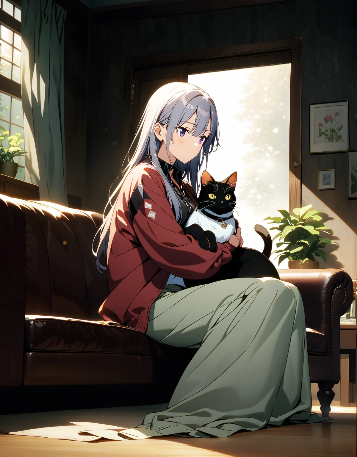 (超detailedなイラスト:1.2),Very delicate and beautiful,非常にdetailed,CG,Unity,8k wallpaper,wonderful,detailed,masterpiece,The best quality in the best condition,Official Art,非常にdetailed CG 8k Unbelievably ridiculous resolution,Beautiful and exquisite,High resolution,非常にdetailedな目と顔,Anime girl sitting on the sofa with a cat in her arms,