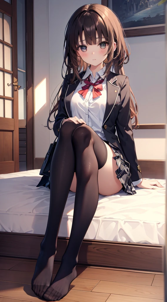 Top quality, masterpiece, High resolution, (Head to toe full body), front, frontやや下からの構図, Symmetric, Tall 18 year old girl, alone, (Head to toe), (Small breasts), Unkempt brown hair, bangs, (black tights), (Black Pantyhose), (Sit with your legs apart), (Crouching pose), (A composition showing white panties), (Her legs were spread、I see your white pants.), (I was made to sit on the floor with my legs spread..), (M-shaped legs), Thin legs, A very beautiful and tall 18 year old girl, (No shoes), blush, Shy big eyes, looking at the camera, Blazer Uniform, Checkered Pleated Skirt、Megumi Kato