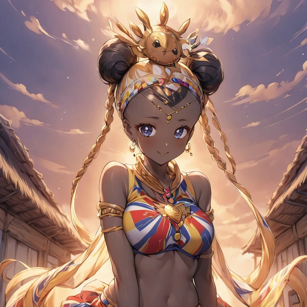 ((Highest quality)), ((masterpiece)), (detailed), (Perfect Face)、The woman is a Ghanaian born Tsukino Usagi with a vivid dark skin, black by birth, and is wearing a colorful Ghanaian dress from a Ghanaian village, a colorful turban head scarf, gorgeous jeweled accessories, and an engagement ring.、The woman is the elegant Tsukino Usagi, with her short black afro hair tied up in a Ghana braid, wearing a colorful Ghanaian dress and a colorful turban head scarf, with vibrant dark brown skin, a natural-born black person, and a natural-born Ghanaian, Tsukino Usagi.、(The woman is a black Ghanaian with vivid dark brown skin.)、The woman is spending time with other village girls in her village in Ghana.
