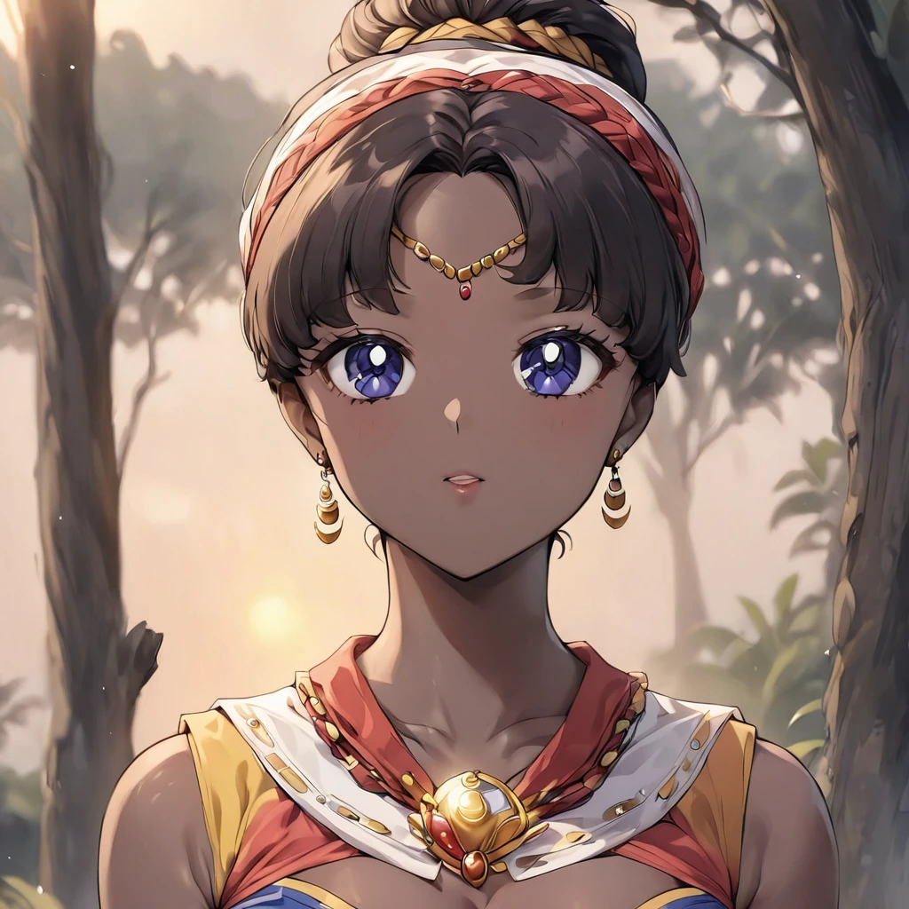 ((Highest quality)), ((masterpiece)), (detailed), (Perfect Face)、The woman is a Ghanaian born Tsukino Usagi with a vivid dark skin, black by birth, and is wearing a colorful Ghanaian dress from a Ghanaian village, a colorful turban head scarf, gorgeous jeweled accessories, and an engagement ring.、The woman is the elegant Tsukino Usagi, with her short black afro hair tied up in a Ghana braid, wearing a colorful Ghanaian dress and a colorful turban head scarf, with vibrant dark brown skin, a natural-born black person, and a natural-born Ghanaian, Tsukino Usagi.、(The woman is a black Ghanaian with vivid dark brown skin.)、The woman is spending time with other village girls in her village in Ghana.