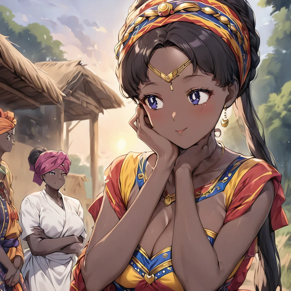 ((Highest quality)), ((masterpiece)), (detailed), (Perfect Face)、The woman is a Ghanaian born Tsukino Usagi with a vivid dark skin, black by birth, and is wearing a colorful Ghanaian dress from a Ghanaian village, a colorful turban head scarf, gorgeous jeweled accessories, and an engagement ring.、The woman is the elegant Tsukino Usagi, with her short black afro hair tied up in a Ghana braid, wearing a colorful Ghanaian dress and a colorful turban head scarf, with vibrant dark brown skin, a natural-born black person, and a natural-born Ghanaian, Tsukino Usagi.、(The woman is a black Ghanaian with vivid dark brown skin.)、The woman is spending time with other village girls in her village in Ghana.