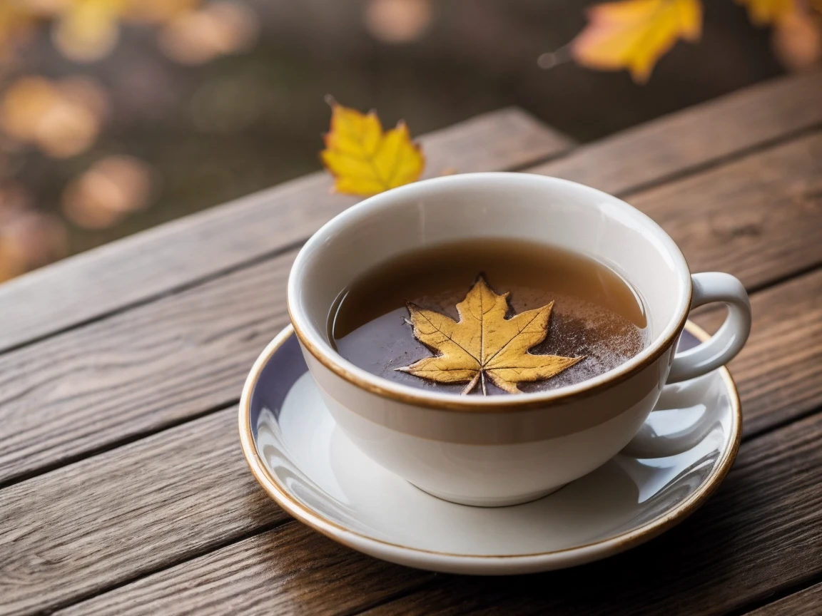 Best Quality,4K,8K,High resolution,masterpiece:1.2,Ultra-detailed,Realist,fotorRealist:1.37 Close-up of a cup of steaming hot milk on a rustic table depicting autumn,Autumn atmosphere,Tree vertical depth of field,soil,Organic Fine Porcelain Tea Cup,Steam rising from a cup,Steam trails visible Autumn leaves scattered on the table,Some leaves are falling in the background,柔らかいsoilの上に落ちた葉,Filtered Natural Light,Warm golden tones Subtle bokeh effect,Parts of the background are out of focus Detailed texture of a table,Lots of visible acne and blemishes,Deep colors that evoke the autumn season Attention to detail, such as the water droplets on the cup Emphasizes the warmth and comfort of the scene The subtle scent of cinnamon and nutmeg floating in the air,Suggests a touch of spice in drinks.