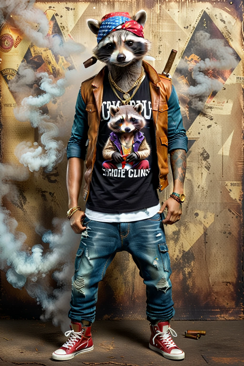 Anthropomorphic raccoon
HIPHOP and ethnic mix fashion
Holding a large diamond Make an image of this composition with the following rules. Create a card game pattern. Design a border line around 80% from the center so that the text is not hidden. Make the texture realistic. Use indirect lighting and a textured background to create a dark, mysterious atmosphere. Make the central figure stand out. Full-length portrait, poses in motion Overall color Earth colors Colorful clothing In any case, textures should be realistic and high quality fashion clothing. Wear fashionable sneakers, boots or sandals. Hats, cigars, smoke Accessories Necklaces, earrings, rings, bandanas, hats, cigars, smoke, cars, motorcycles, tattoos, etc. Choice of costumes and moods. Realistic 8K. human touch, no skin tones.


Strike cool poses.
Striking poses
Raw and come-on faces
Fat body shape
