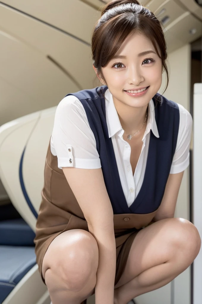 (1girl),uetoaya,(masterpiece:1.3), High resolution, Very detailed, Very detailed CG Unity 8k 壁紙, Realistic, photo-Realistic, RAW Photos, Beautiful and elaborate face, White skin, Realistic skin, High-quality fabric, Detailed hair texture, Perfect proportions, Beautiful Face, Accurate, Anatomically correct, Very detailed顔と肌の質感, Natural neck length, Shiny Necklace, (Beautiful Hands), (Fair skin:1.2), Thin legs, Thin legs, Sexy thighs, Squat with your legs wide apart, Lacy white panties, Panty shot, From below, smile, View your viewers,
break,
Beautiful Eyes, Symmetrical eyes, Light brown eyes, double eyelid, Thin eyebrows, (Glossy Lips:1.4), (Smile of the Goddess:1.2), (blush:1.1),
break,
(Flight attendant girl), (Wear a vest over a white button-up shirt:1.3), (Wearing a navy pencil skirt:1.2), (High heels:1.1),
(Medium sized big breasts), (Slim figure:1.2),
(Dark brown hair, Shiny Hair), ((Raised ponytail, Asymmetrical bangs:1.2)), (Upper Body Shot:1.2), (Focus on the knee:1.2), (from before:1.3),
break,
((広いファーストクラスのフロアで顎を上げてSquat with your legs wide apart.:1.2)), (On board a private jet:1.2),(Camel Toe:1.2)