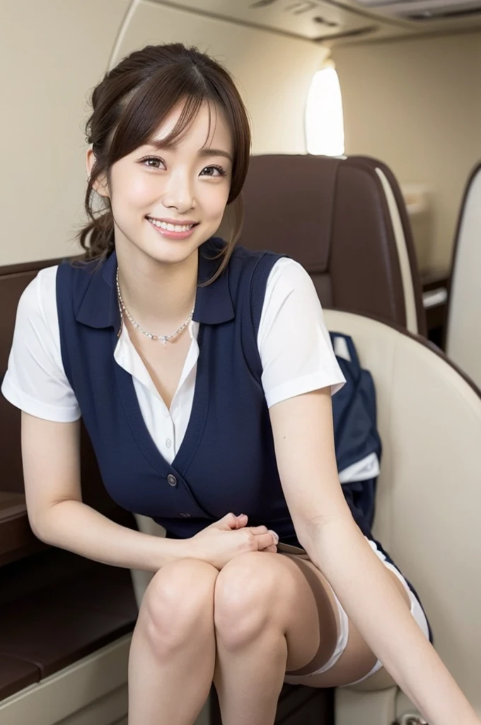 (1girl),uetoaya,(masterpiece:1.3), High resolution, Very detailed, Very detailed CG Unity 8k 壁紙, Realistic, photo-Realistic, RAW Photos, Beautiful and elaborate face, White skin, Realistic skin, High-quality fabric, Detailed hair texture, Perfect proportions, Beautiful Face, Accurate, Anatomically correct, Very detailed顔と肌の質感, Natural neck length, Shiny Necklace, (Beautiful Hands), (Fair skin:1.2), Thin legs, Thin legs, Sexy thighs, Squat with your legs wide apart, Lacy white panties, Panty shot, From below, smile, View your viewers,
break,
Beautiful Eyes, Symmetrical eyes, Light brown eyes, double eyelid, Thin eyebrows, (Glossy Lips:1.4), (Smile of the Goddess:1.2), (blush:1.1),
break,
(Flight attendant girl), (Wear a vest over a white button-up shirt:1.3), (Wearing a navy pencil skirt:1.2), (High heels:1.1),
(Medium sized big breasts), (Slim figure:1.2),
(Dark brown hair, Shiny Hair), ((Raised ponytail, Asymmetrical bangs:1.2)), (Upper Body Shot:1.2), (Focus on the knee:1.2), (from before:1.3),
break,
((広いファーストクラスのフロアで顎を上げてSquat with your legs wide apart.:1.2)), (On board a private jet:1.2),(Camel Toe:1.2)