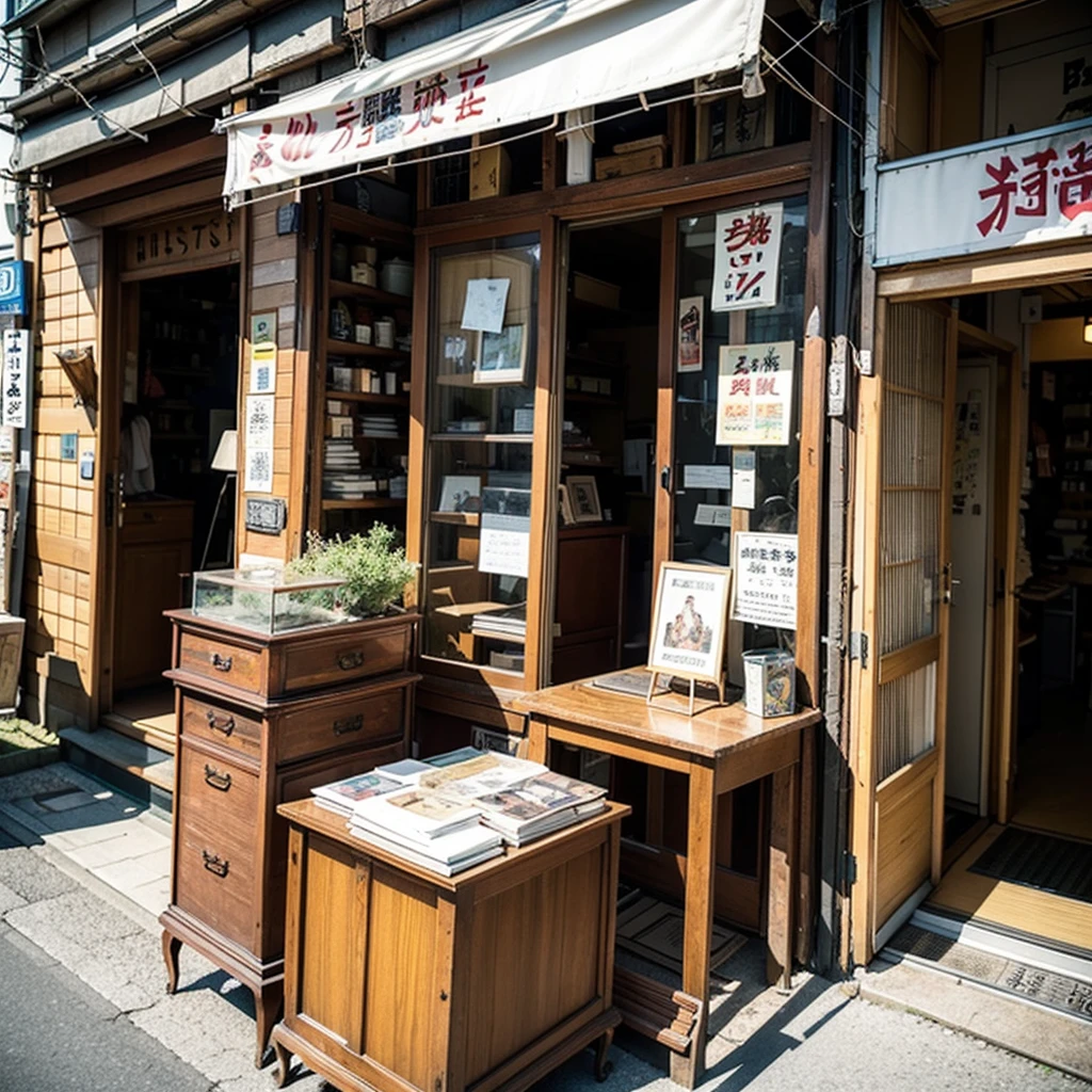 An old, Showa-era retro shop、On a street corner in Japan、Creepy Antiques Shop、over the counter