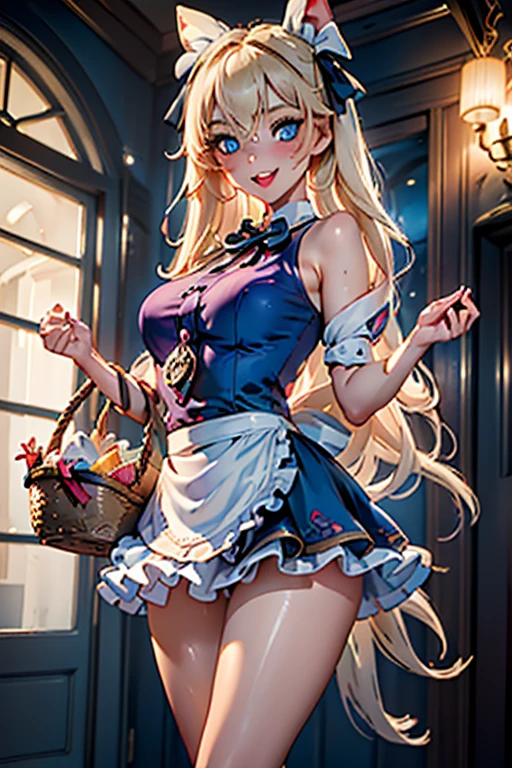 (perky chest:1.2), (pointed chest:1.2),(((Black Tunic:1.3))),(((cakes and bread in the basket),Cute and beautiful girl,Cute round face,Cute smile,with blush cheeks,Red Lip,a girl 22 years old, nsfw:1.2, beautiful body:1.3), shinny skin, BREAK, ((alice in the wonderland:1.3, cute, kawaii, lovely, funny, a girl falling down from sky:1.3, girl flying in sky:1.2, girl floating in air:1.3, rolling upskirt by wind:1.5, (with sparkling eyes and a contagious smile),open mouth, Looking at Viewer, surprised, putting hands on crotch over the skirts:1.35)), BREAK, ((floating things as follows:1.3, PlayingCards, Trump, tea cup, tea pot, tea spoons, pocket watch:1.3, lip sticks, candies:1.2, cookies, jam bottles, classical door_keys)), ((long purply_Blue dress :1.5, wearing long flaired skirt:1.3, the skirt is blowing:1.3, cute White Apron, black stockingedium long platinum-blonde hair:1.2, twin tail hair:1.6, tied hair with a cute ribbon), (Blue eyes, bright pupils with highlights, detailed eyes), (lying down on your back:0.7, spreading legs with rising up straight:0.7), sexy posture, fantastic colorful art, (fantasy art:1.2, wondered images), ((correct anatomy:1.5, perfect anatomy:1.3, correct hand, )),
