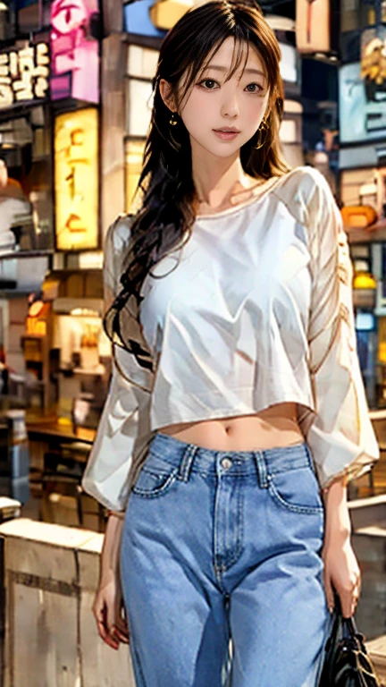 {[[[Super detailed]]]}, [[[Realistic]]], [[[Depth of written boundary]]], whole body, return, Tilt your head, Incredibly detailed, Longuet, 1 girl, 30 years old, Very long hair, Curly Hair, High Ponytail, Light brown hair, Beautiful and fine hair, Perfect Face, Delicate arms and hands, Thin legs, White skin, Earrings, Larger clothes, Large top sleeve, jeans, Open clothes, Cityscape, Beautifully detailed skies, Very delicate and beautiful, [[[wallpaper 8k CG]]], [[[Highest quality]]], [[[finest masterpiece]]],