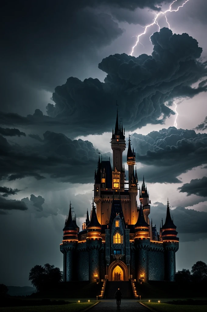 A massive castle that looks dark and mysterious. Dark clouds and lightning surround the castle. At the gate, the evil sorcerer stands with magical energy glowing in his hands.