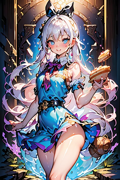 (perky chest:1.2), (pointed chest:1.2),(((Black Tunic:1.3))),(((cakes and bread in the basket),Cute and beautiful girl,Cute round face,Cute smile,with blush cheeks,Red Lip,a girl 22 years old, nsfw:1.2, beautiful body:1.3), shinny skin, BREAK, ((alice in the wonderland:1.3, cute, kawaii, lovely, funny, a girl falling down from sky:1.3, girl flying in sky:1.2, girl floating in air:1.3, rolling upskirt by wind:1.5, (with sparkling eyes and a contagious smile),open mouth, Looking at Viewer, surprised, putting hands on crotch over the skirts:1.35)), BREAK, ((floating things as follows:1.3, PlayingCards, Trump, tea cup, tea pot, tea spoons, pocket watch:1.3, lip sticks, candies:1.2, cookies, jam bottles, classical door_keys)), ((long purply_Blue dress :1.5, wearing long flaired skirt:1.3, the skirt is blowing:1.3, cute White Apron, black stockingedium long platinum-blonde hair:1.2, twin tail hair:1.6, tied hair with a cute ribbon), (Blue eyes, bright pupils with highlights, detailed eyes), (lying down on your back:0.7, spreading legs with rising up straight:0.7), sexy posture, fantastic colorful art, (fantasy art:1.2, wondered images), ((correct anatomy:1.5, perfect anatomy:1.3, correct hand, )),
