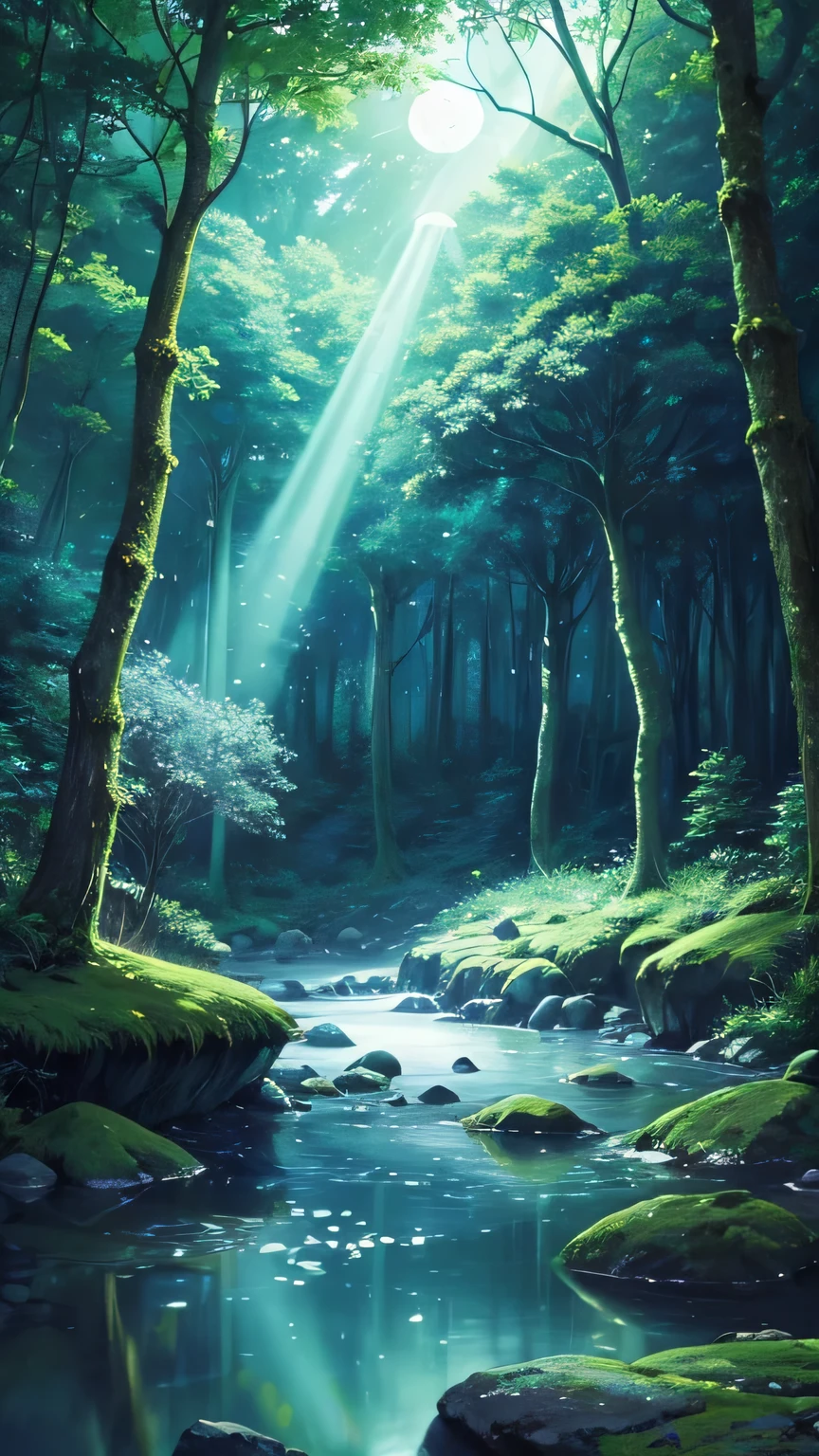Deep in the mysterious forest, Where the fairies sleep, The moonlit scene unfolds. Moon's ethereal glow spills through the canopy, Casting a brilliant light on the calm waters below, A place where the mysterious moon&#39;s reflections are mesmerizing. This captivating image, Whether it&#39;s a painting, photograph, or other media, It invites the audience into a world full of fascination and wonder.. Moon, Adorned with majestic and otherworldly presence, Looks very large, Evoke a sense of grandeur and fantasy. composition, Rich detail and vibrant colors, Immerse your audience in this exquisite depiction of a surreal and magical world。.