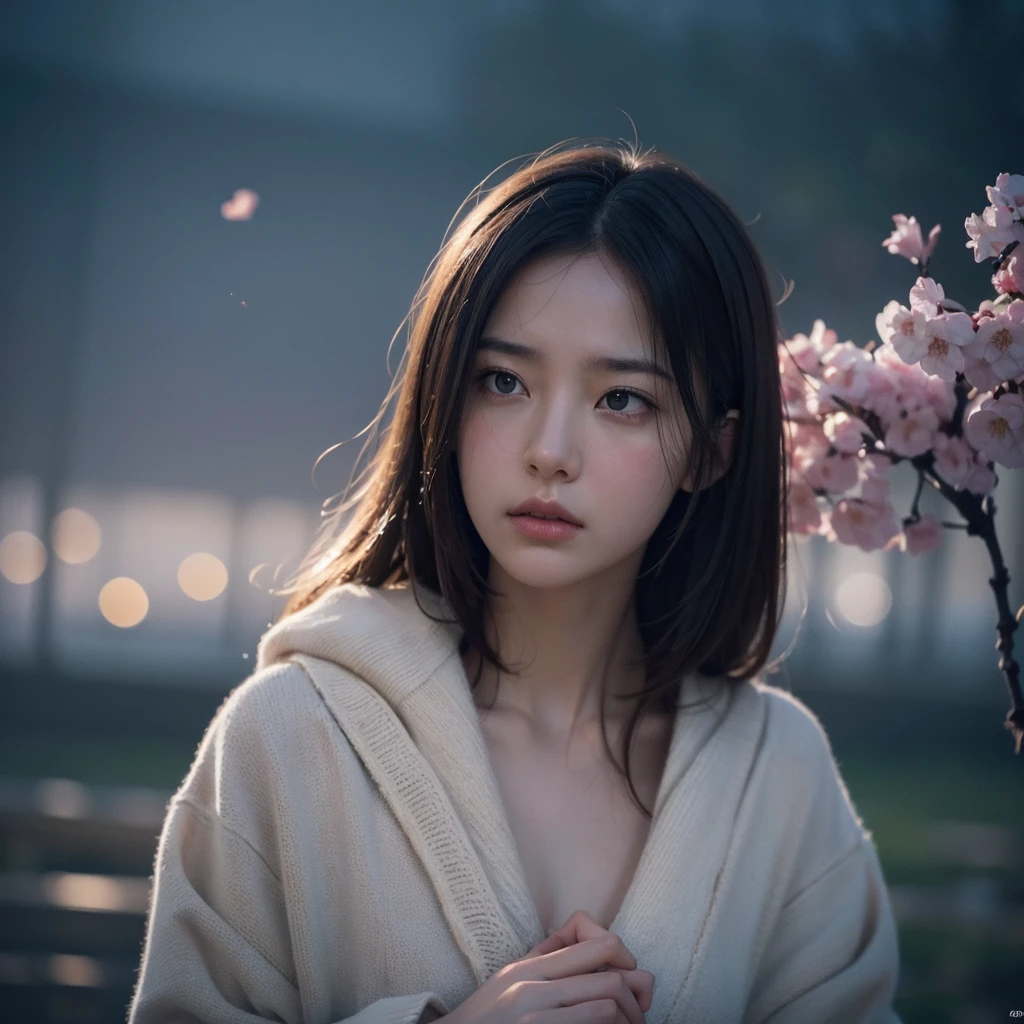 beautiful girl, expression of emptiness, like endless waiting, long longing, sad, cherry blossom petals falling, broken heart, melancholy, oil painting, highly detailed, cinematic lighting, muted color palette, dramatic composition, dreamlike atmosphere, (best quality,4k,8k,highres,masterpiece:1.2),ultra-detailed,(realistic,photorealistic,photo-realistic:1.37),digital painting,dramatic lighting,moody,sentimental,emotional,wistful