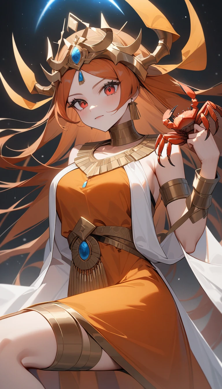 (Huang Li、high quality、Extremely detailed),Constellation-Cancer Goddess,Huge crabs,Woman stroking crab,Similar to Latin goodness,brave,capricious,Productivity,The face of enterprising and humanitarianism,Long orange hair,Ancient Greek costumes、Wrap Dress,The background is the universe,Crystal red eyes(Eyes Details),Powerful appearance