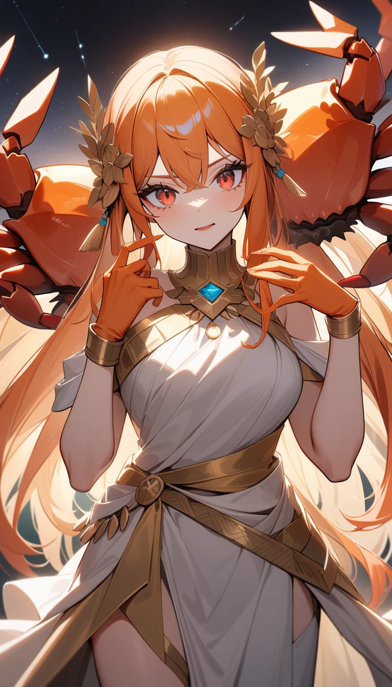 (Huang Li、high quality、Extremely detailed),Constellation-Cancer Goddess,Huge crabs,Woman stroking crab,Similar to Latin goodness,brave,capricious,Productivity,The face of enterprising and humanitarianism,Long orange hair,Ancient Greek costumes、Wrap Dress,The background is the universe,Crystal red eyes(Eyes Details),Powerful appearance
