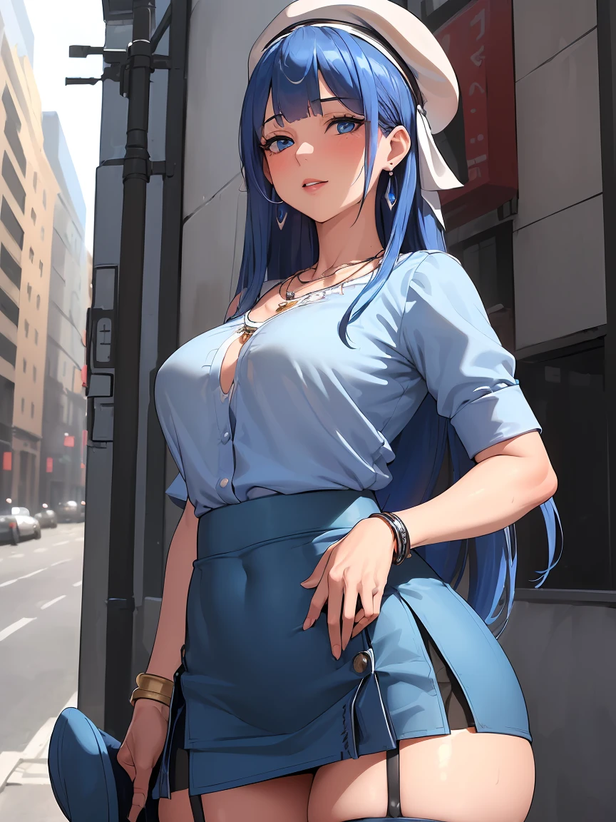 (((absurd))), (((masterpiece))), (((best quality))), ((Extremely detailed)), Ultra-high quality, Practical, (The real situation, Intricate details, Depth of Field), ((((1 Girl, Solitary)))), cosmetic, Open your mouth, Very detailed, Perfect face, (((Mature woman, ))), (Medium breasts, Thick thighs, Wide hips, The waist), (Skin Indentation), High target, Glossy lips, ((Firm abdomen)), Sexy, blush, ((Blue Hair, Bangs, Very long hair)), ((Beautiful blue eyes)), ((necklace, earrings, Hair accessories, Hair accessories, Headband, bracelet)), ((((,  hat, Blue shirt, mini skirt, stocking)))), Charming smile, ((outdoor, City)), (((Cowboy shooting, posture, )))