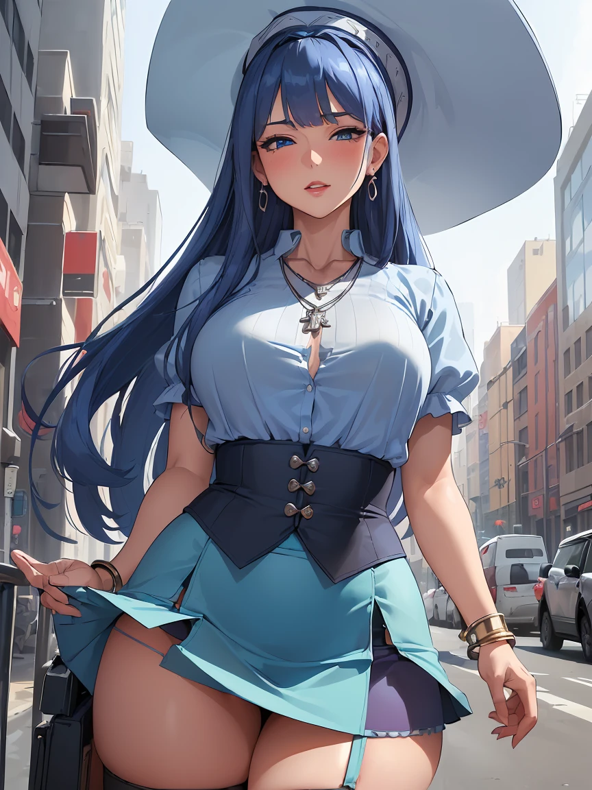 (((absurd))), (((masterpiece))), (((best quality))), ((Extremely detailed)), Ultra-high quality, Practical, (The real situation, Intricate details, Depth of Field), ((((1 Girl, Solitary)))), cosmetic, Open your mouth, Very detailed, Perfect face, (((Mature woman, ))), (Medium breasts, Thick thighs, Wide hips, The waist), (Skin Indentation), High target, Glossy lips, ((Firm abdomen)), Sexy, blush, ((Blue Hair, Bangs, Very long hair)), ((Beautiful blue eyes)), ((necklace, earrings, Hair accessories, Hair accessories, Headband, bracelet)), ((((,  hat, Blue shirt, mini skirt, stocking)))), Charming smile, ((outdoor, City)), (((Cowboy shooting, posture, )))