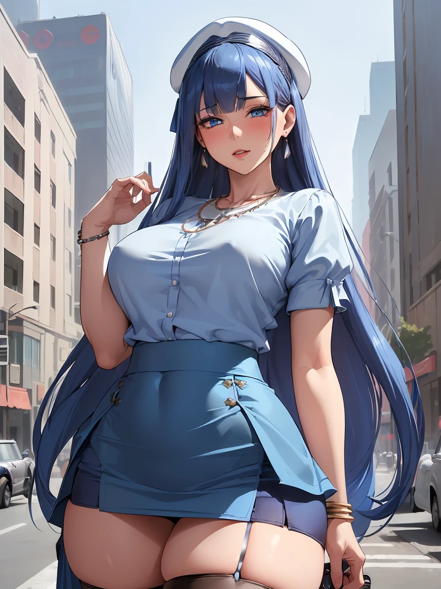 (((absurd))), (((masterpiece))), (((best quality))), ((Extremely detailed)), Ultra-high quality, Practical, (The real situation, Intricate details, Depth of Field), ((((1 Girl, Solitary)))), cosmetic, Open your mouth, Very detailed, Perfect face, (((Mature woman, ))), (Medium breasts, Thick thighs, Wide hips, The waist), (Skin Indentation), High target, Glossy lips, ((Firm abdomen)), Sexy, blush, ((Blue Hair, Bangs, Very long hair)), ((Beautiful blue eyes)), ((necklace, earrings, Hair accessories, Hair accessories, Headband, bracelet)), ((((, hat, Blue shirt, mini skirt, stocking)))), Charming smile, ((outdoor, City)), (((Cowboy shooting, posture, )))