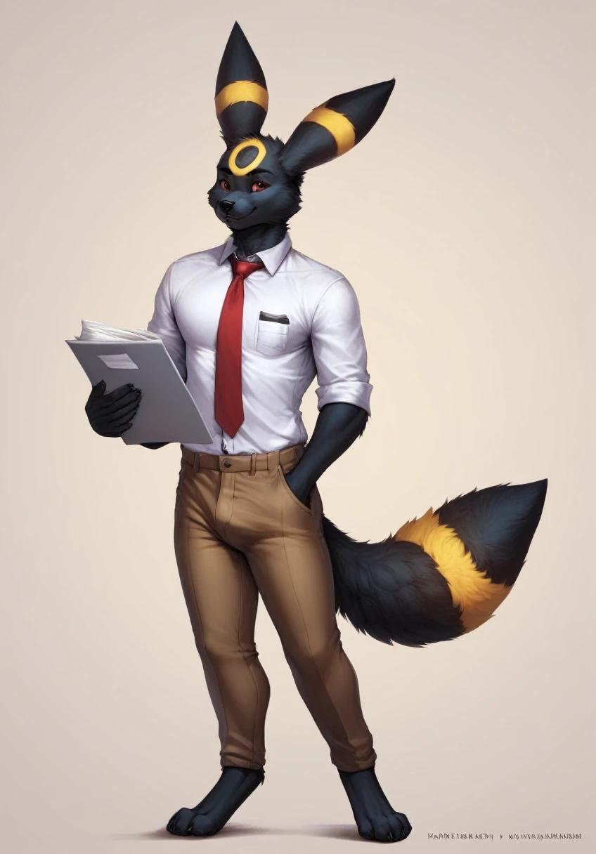 score_9, score_8_superior, score_7_superior, score_6_superior, score_5_superior, score_4_superior, Rating Explicit, Source Fur BREAK umbreon, black body, Black fur, Yellow marking, Five fingers, male, alone, Collared shirt, pants, Full body portrait, Are standing, office, Eevee Evolution,