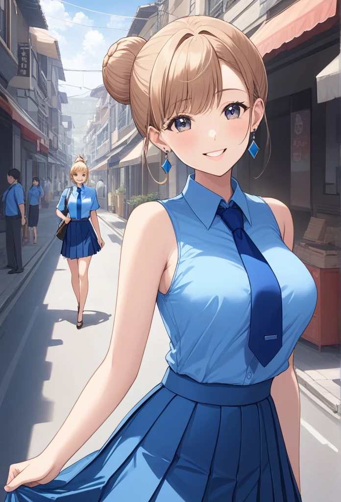 masterpiece, best quality, high resolution, Thanks, Wide, cone hair bun, earrings, Medium breasts, Neckline, Blue shirt, Blue tie, Shoulder cutouts, Pleated Skirt, Blue Skirt, permanent, Cowboy shooting, Smile, street