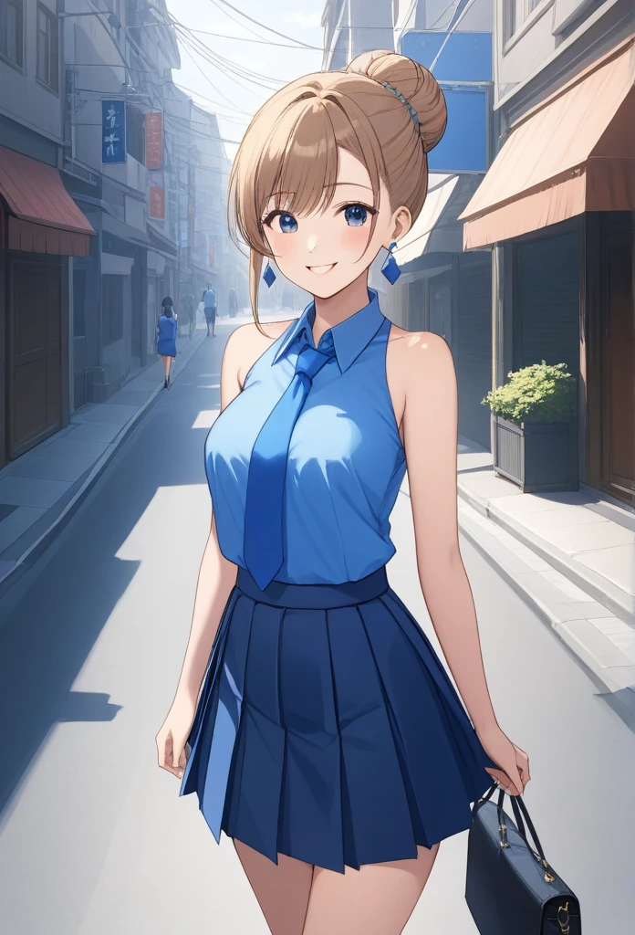 masterpiece, best quality, high resolution, Thanks, Wide, cone hair bun, earrings, Medium breasts, Neckline, Blue shirt, Blue tie, Shoulder cutouts, Pleated Skirt, Blue Skirt, permanent, Cowboy shooting, Smile, street