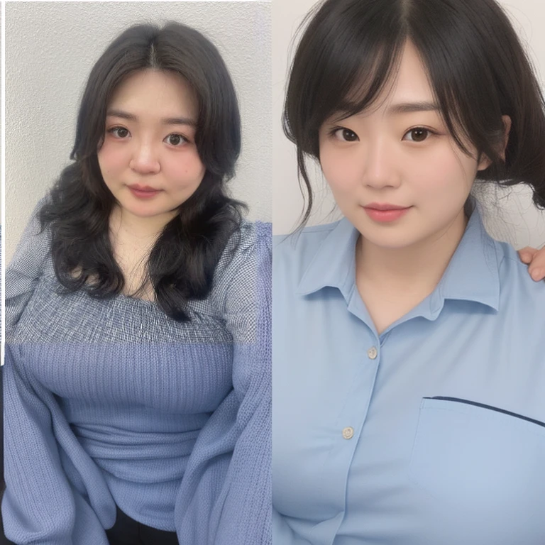 Close-up of a woman with long hair and a blue shirt, Chiho, with a round face, Chiho ashima, nara michi, Jaeyeon Nam, sakimichan, harumi, The motto is Teshirogi, narumi kakinouchi, akasana is on, 120kg, 초Altitude obesity, Altitude obesity, severe abdominal obesity, severe abdominal obesity, Advanced internal equipment only 