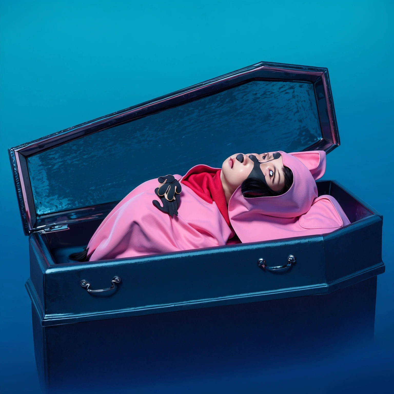 This image features a cartoonish raccoon character lying in a blue coffin. The raccoon is dressed in a purple outfit with a red scarf and has a black mask painted on its face. The character appears to be peacefully resting with its eyes closed. The scene is set against a gradient blue background, which enhances the somber yet whimsical nature of the image. The bright colors of the raccoon's outfit and the coffin create a striking contrast, adding to the surreal and imaginative quality of the scene.