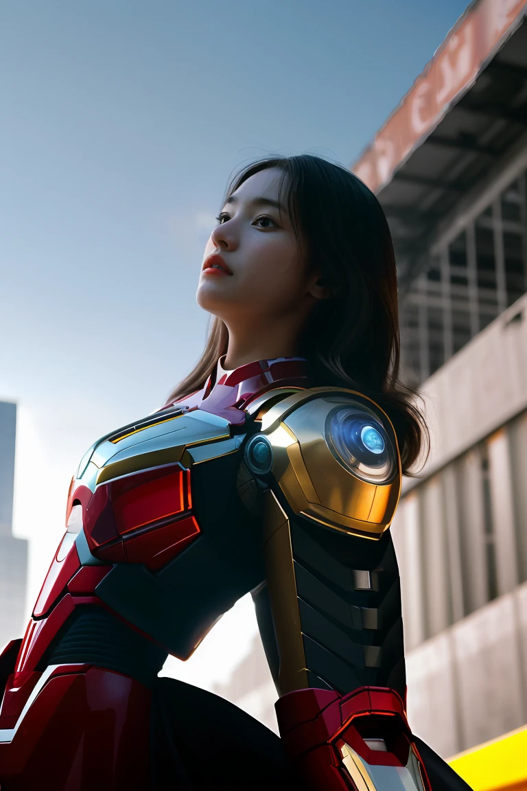 (1girl:1.3), solo, __body-parts__, official art, unified 8k wallpaper, super detailed, beautiful and aesthetic, beautiful, masterpiece, best quality, raw, masterpiece, super fine photo, best quality, super high resolution, photorealistic photo, sunlight, full-body portrait, amazingly beautiful, sexy, hot, dynamic pose, delicate face, vibrant eyes, (viewed from the side), she is wearing a futuristic Iron Man mech, red and gold color scheme, Very detailed abandoned warehouse background, detailed face, detailed complex busy background, messy, gorgeous, milky white, highly detailed skin, realistic skin details, visible pores, sharp focus, volumetric fog, 8k UHD, DSLR camera, high quality, film grain, fair skin, photo realism, lomography, huge metropolis in future dystopia, seen from below, translucent