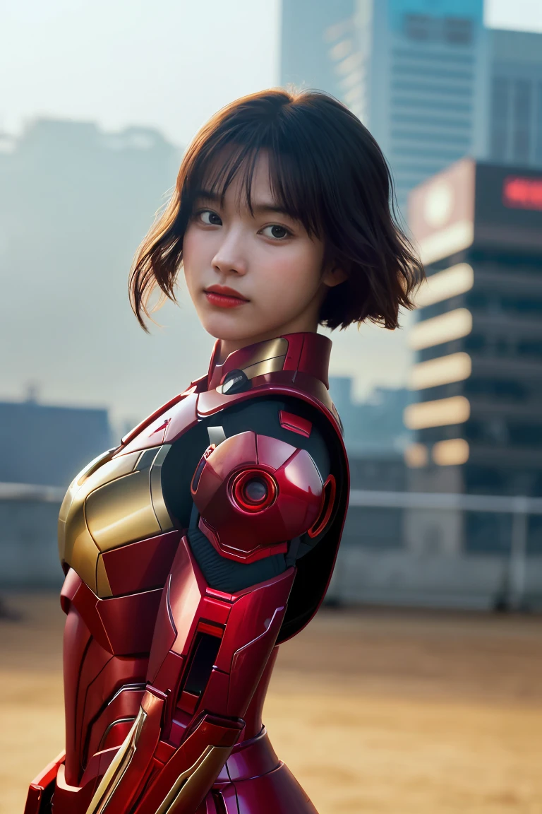 avengers suit、woman、22 years old、woman体型、profile、Moderate bust、Upper Body、blonde、Mechanical Suit、Highest quality、Masterpiece、scenery、City、rain。