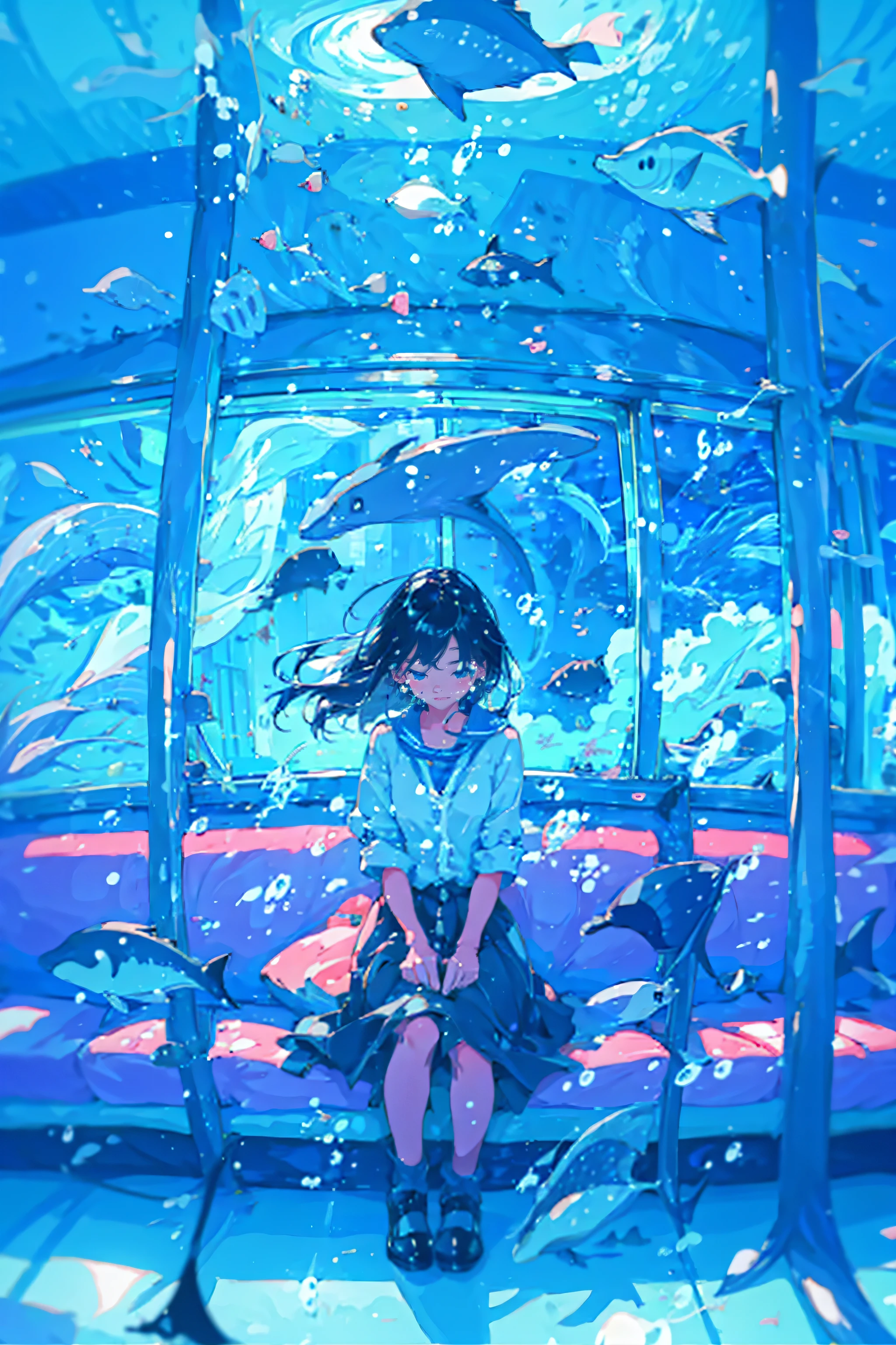 1girl,solo,cute,in train,water,bubble,water splash,floating fish