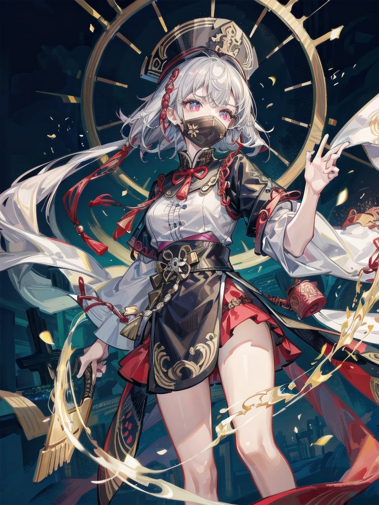 cemetery, dress, braid, chinese clothes, headwear, ofuda, jiangshi, qing guanmao, absurdres, RAW photo, extremely delicate and beautiful, masterpiece, Best Quality, ultra high resolution, 32k, hyperrealistic, ultra-detailed, detailed description, pale skin, 20 years old, tearful mole, earring, Colossal tits, short medium hair, wavy hair, whole body shot,