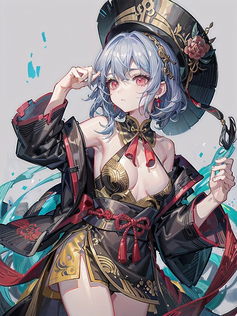 cemetery, dress, braid, chinese clothes, headwear, ofuda, jiangshi, qing guanmao, absurdres, RAW photo, extremely delicate and beautiful, masterpiece, Best Quality, ultra high resolution, 32k, hyperrealistic, ultra-detailed, detailed description, pale skin, 20 years old, tearful mole, earring, Colossal tits, short medium hair, wavy hair, whole body shot,