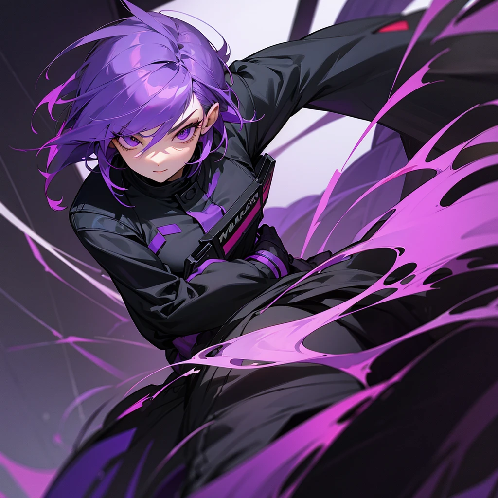 Purple haired man with purple eyes wearing a black officer's uniform