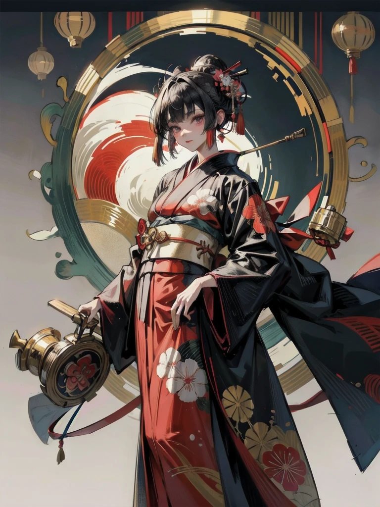 Anime character wearing a kimono costume, wearing aristocrat robe, in a kimono, wearing a haori, in a kimono, wearing black robe、Red earrings、Taisho Era、Taisho Modern、Modern kimono、