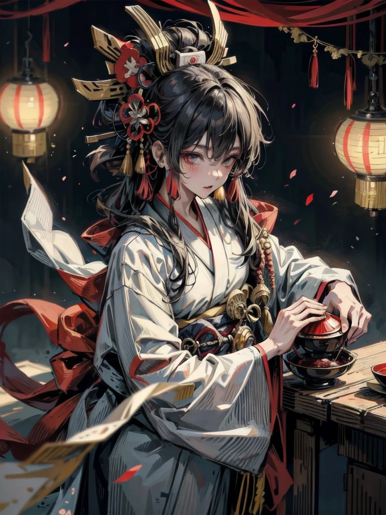 Anime character wearing a kimono costume, wearing aristocrat robe, in a kimono, wearing a haori, in a kimono, wearing black robe、Red earrings、Taisho Era、Taisho Modern、Modern kimono、