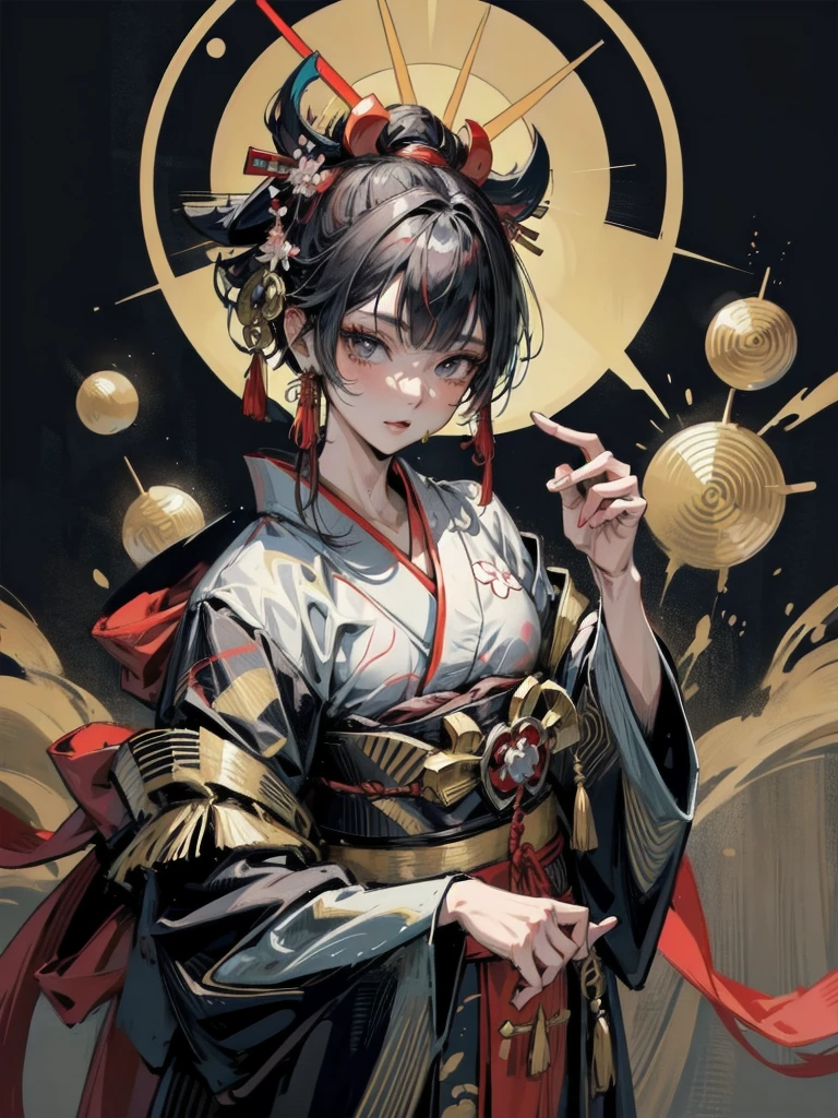 Anime character wearing a kimono costume, wearing aristocrat robe, in a kimono, wearing a haori, in a kimono, wearing black robe、Red earrings、Taisho Era、Taisho Modern、Modern kimono、