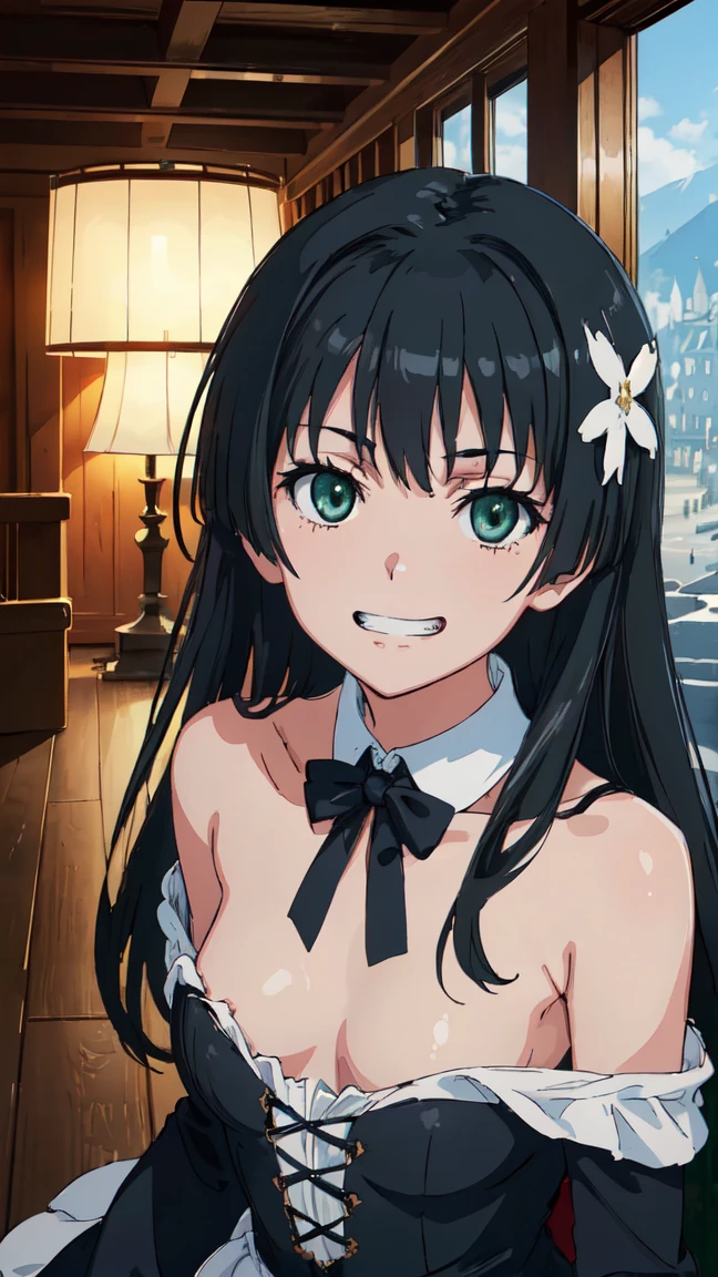 (High resolution:1.4), (masutepiece:1.2), (High quality:1.3) 1girl, saten ruiko, green eyes, long hair, black hair, small breast, gothic ta fashion, cinematic lighting, pov, grin, A medieval mansion, dynamic angle, nsfw
