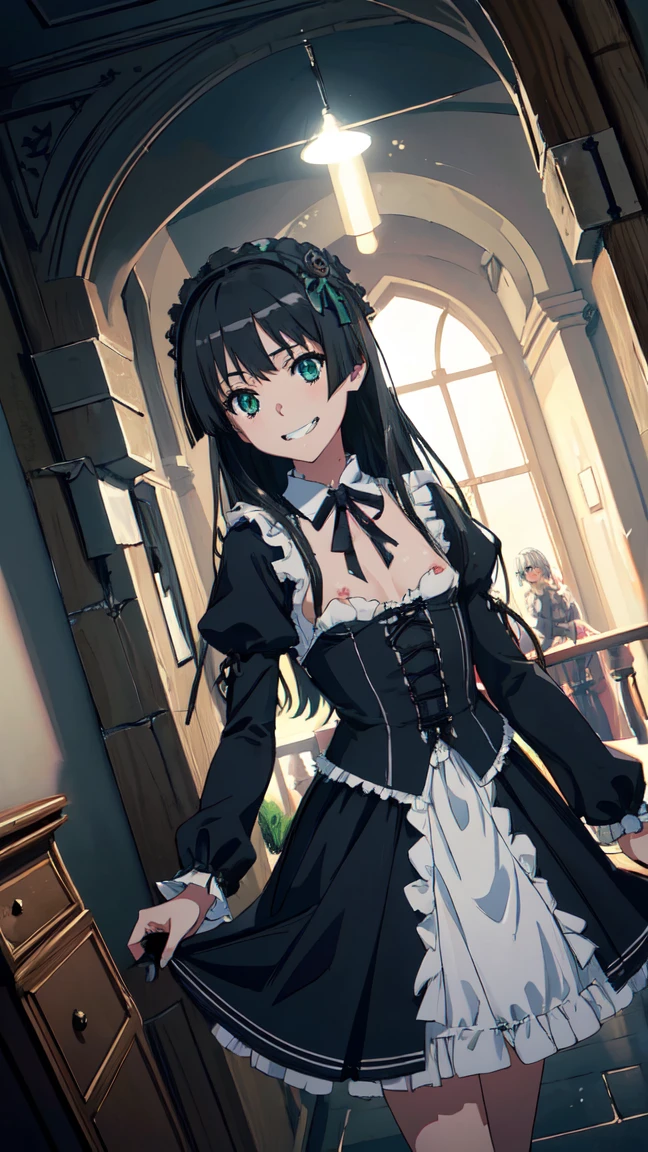 (High resolution:1.4), (masutepiece:1.2), (High quality:1.3) 1girl, saten ruiko, green eyes, long hair, black hair, small breast, gothic lolita fashion, cinematic lighting, pov, grin, A medieval mansion, dynamic angle, nsfw