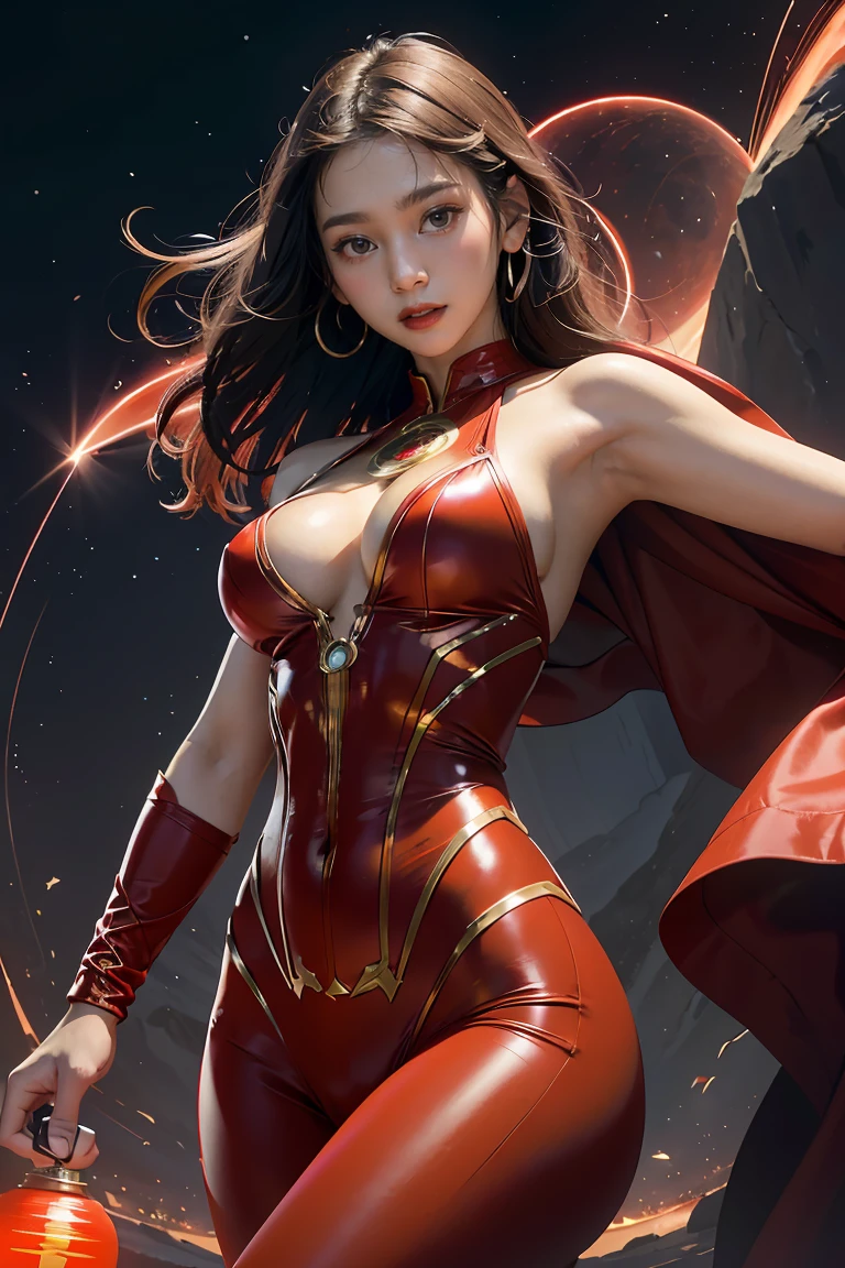 (best quality, 4k, highres, photorealistic), (concept art: 1.2), (bright colors: 1.1), (glowing effect: 1.1), (intense red: 1.2), (dynamic pose: 1.1), (powerful aura: 1.2), (fierce expression: 1.1), (sparkling eyes: 1.1), (flowing hair: 1.1), (ethereal beauty: 1.3), (background: cosmic scenery), (cosmic energy: 1.2), (vibrant stars: 1.1), (energy beams: 1.1), (futuristic technology: 1.2)
An angry beautiful woman with lined lips, wearing a red bodysuit that tightly hugs her muscular and toned skin. Her outfit covers her navel and is adorned with intricate makeup designs. She is the iconic Red Lantern, a superhero from the DC Comics universe with extraordinary powers.
This version of Red Lantern is a muscular and powerful female character, wearing an all-red uniform that accentuates her figure. Her bodysuit is fitted to her form, emphasizing her curves. The viewer's attention is drawn to her medium-sized breasts, which are beautifully detailed and add to her realism and overall aesthetic.
As she looks directly at the viewer, her captivating gaze is enhanced by the realism of her eyes, which sparkle with intensity. Her expression is fierce and determined, displaying her unwavering dedication to protecting the innocent.
The artwork is of the highest quality, with a resolution of 4K, showcasing every ultra-detailed aspect of the beautiful woman. The photorealistic style brings her to life, making her appear as if she could step off the canvas and into reality.
The artist has captured the essence of red Lantern's power and aura, with a vibrant and dynamic pose. Her body emanates a powerful and glowing green energy, forming a captivating cosmic scenery background. The starry night sky is filled with vibrant and vivid colors, giving the artwork an otherworldly feel.
The cosmic energy radiating from red Lantern is depicted through energy beams and futuristic technology surrounding her. The intensity of her power is further emphasized by the bright and glo