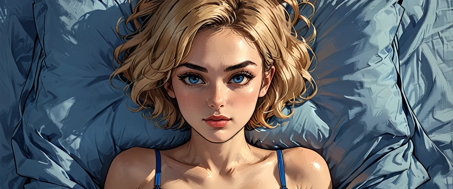 view from above, top view, from above, lying, a (girl in BLUE underwear) lies on a blue double bed, portrait, close-up,
adult, [Nordic], perfect Olive skin, Oval Face,  Rounded shoulders,  Attached Pointed ears, round forehead, ((Short blonde Waves pixie hair)), snub nose, Arched eyebrows, Monolid blue Eyes, High Round Narrow cheekbones, Dimpled Cheeks, Rounded Chin, Rounded Jawline, Full nude Lips, Nude Makeup Look, long eyelashes, 

graphic style of novel comics,dark novel, 2d, 8k, hyperrealism, masterpiece, high resolution, best quality, ultra-detailed, super realistic, Hyperrealistic art, high-quality, ultra high res, highest detailed, lot of details, Extremely high-resolution details, incredibly lifelike, colourful, soft cinematic light,