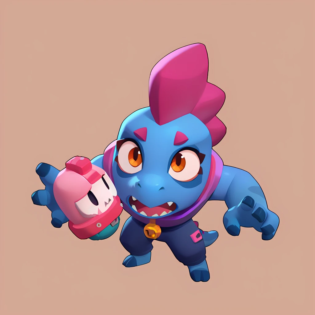 full view of a dinosaur, female, dark blue skin, friendly dinosaur, having a pink and white buoy, dinosaur animal, brawl, brawl stars