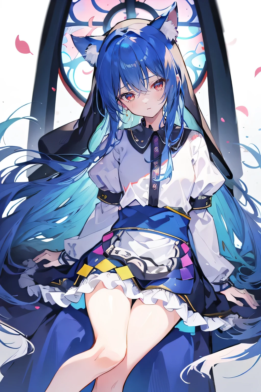 (masterpiece:1.2),Extremely detailed,Practical,expressive eyes,Fair skin,Perfect face shaping,1 Girl,
Japanese cartoons,Gorgeous blue hair, the long flowing blue hair,Floating clothes,Cat ears,Petals fall,beautiful lola,Angel,
Place your hands on your waist,sit elegantly on the ground,Cross your legs,Gentle and peaceful background,stately church,nun。